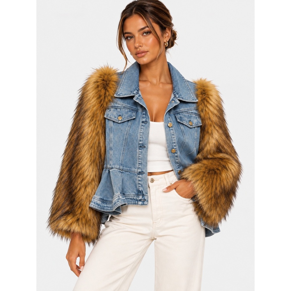 Azalea Wang Portugal Peplum Denim Jacket Faux Fur Sleeves Light Wash Blue 2X